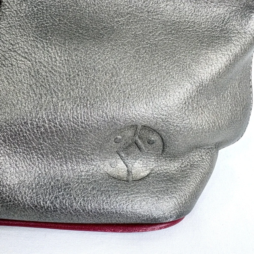 Cristina Orozco Metallic Pewter Leather Embroidered Backpack Burgundy Tassel